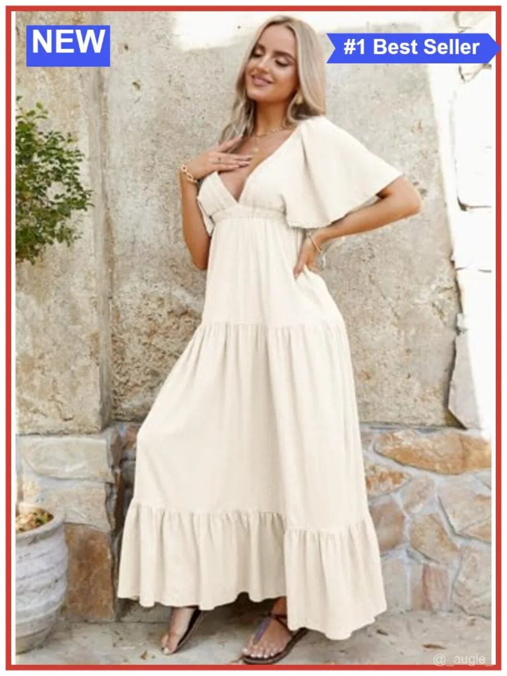 Women's Sexy V-Neck Maxi Dress Tiered Ruffle Flutter Sleeve Backless Elastic
